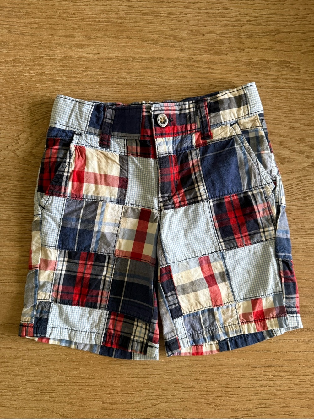 Janie and Jack Boys Sz 3 Patchwork Plaid Shorts - Red, Navy, Cream